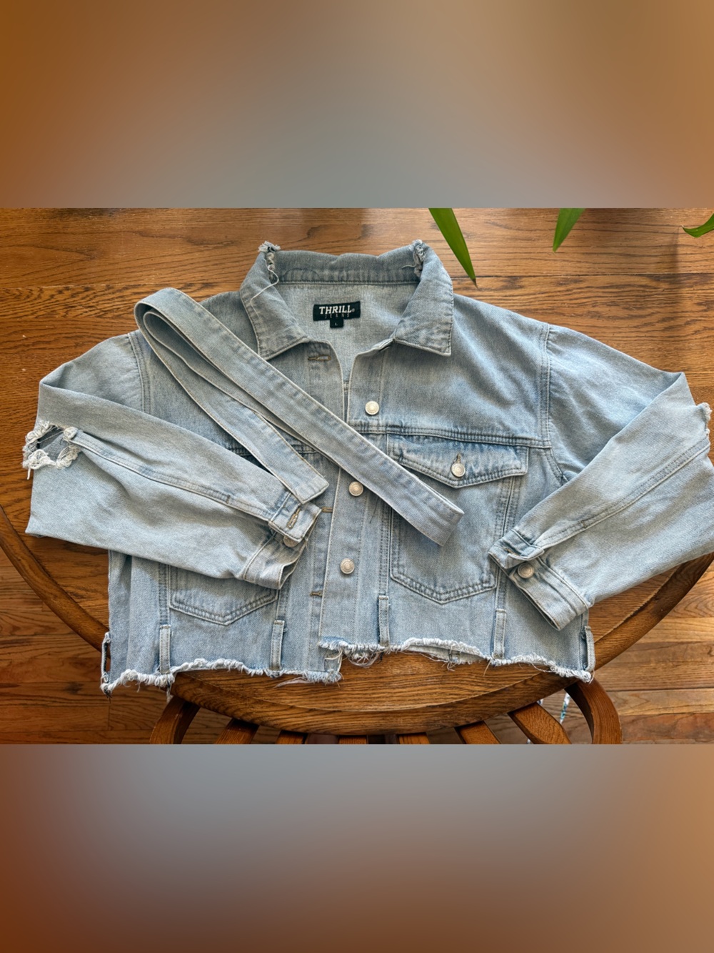 Thrill Light Wash Denim Jacket with Frayed Hem